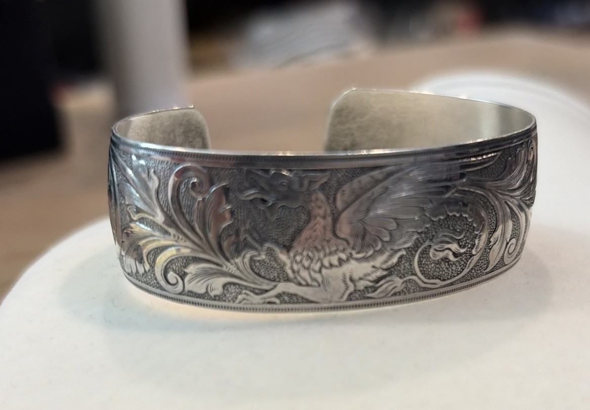Dragon Etched Sterling Silver 1” Wide Cuff Bracelet Sz 5-1/2 -Engraved – 16g