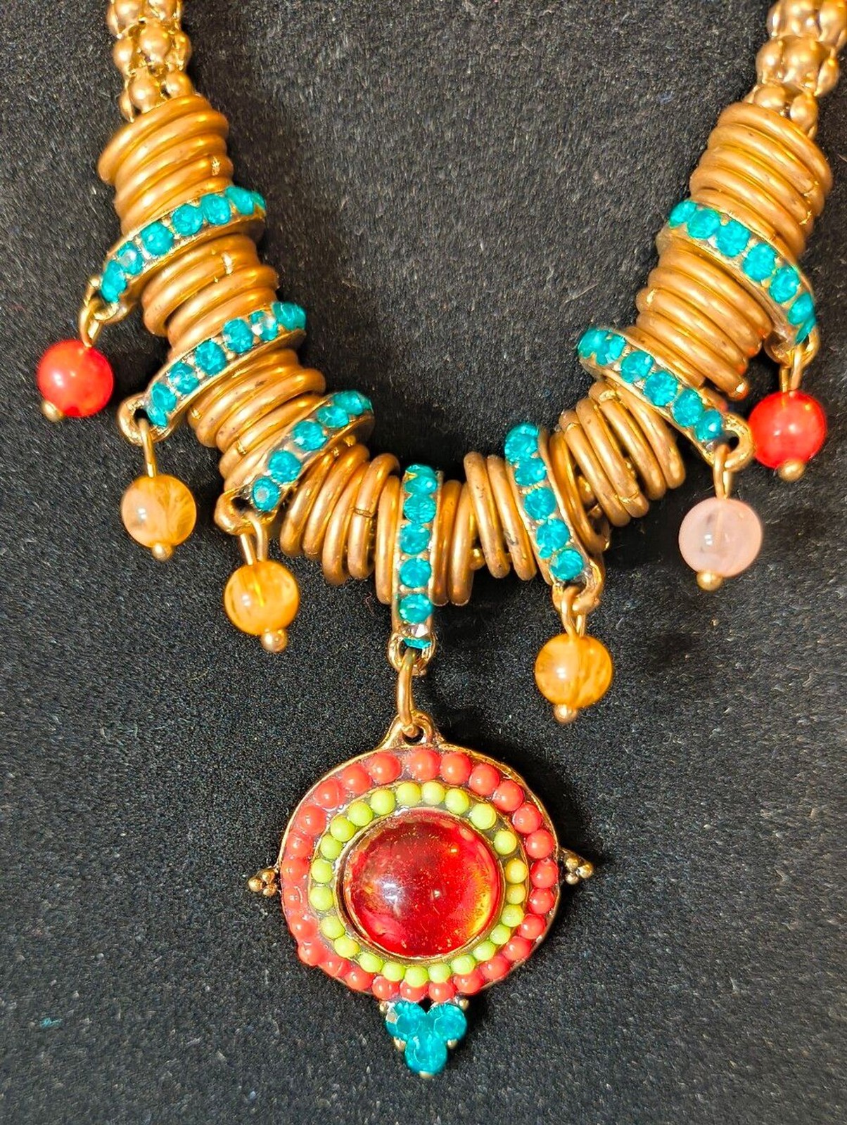 Boho Statement Necklace Gold Tone Red Glass Cabochon Turquoise Rhinestones