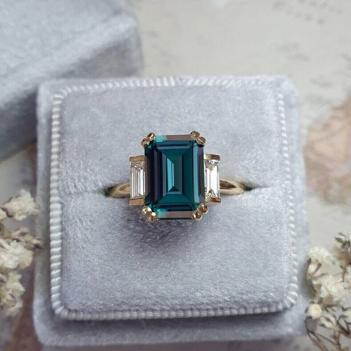 3.00 Ct Emerald Cut Natural Alexandrite Diamond & Wedding Ring 14K Yellow Gold