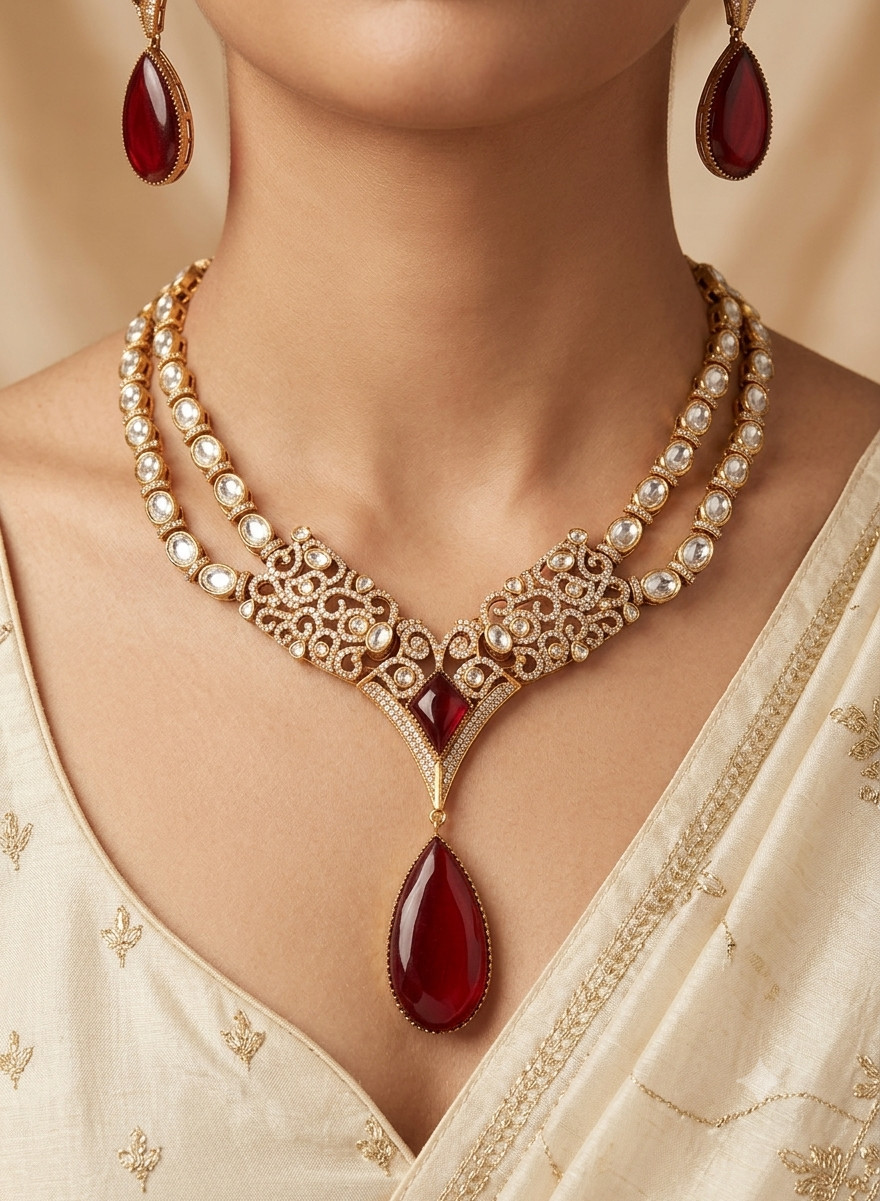 Ayra Pakistani Design Ruby Red Kundan Necklace with Teardrop Pendant Roz Jewelle
