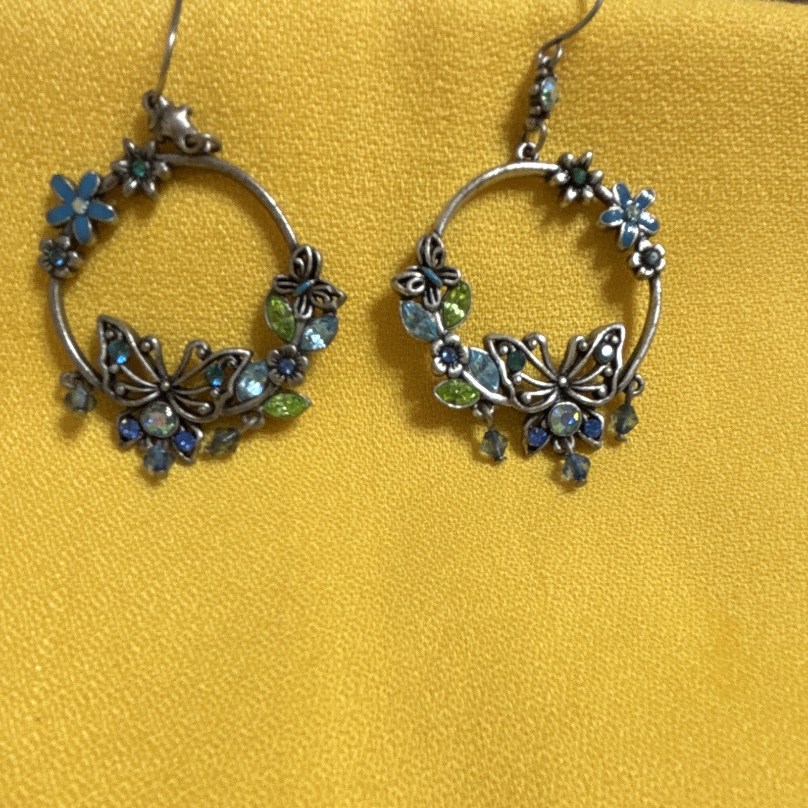 Silver Tone Butterfly Floral Hoop Dangle Hook Earrings Blue Green Crystals
