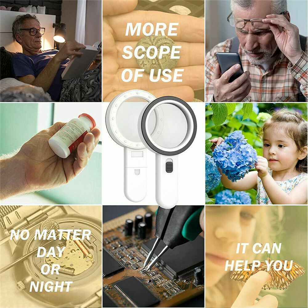 30X Extra Large Handheld Magnifier with 12 Bright LED Lights Jewelry Bench Tool