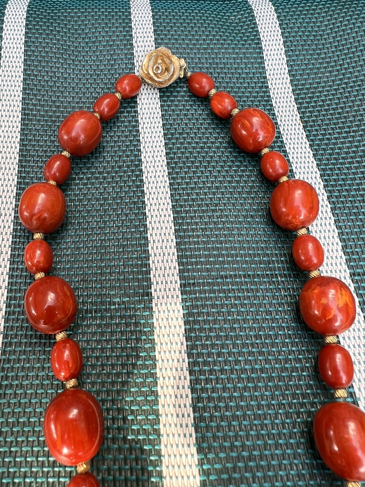 Vintage Bakelite Red Oval Swirl Bead Necklace 83.5 Grams 28.5″