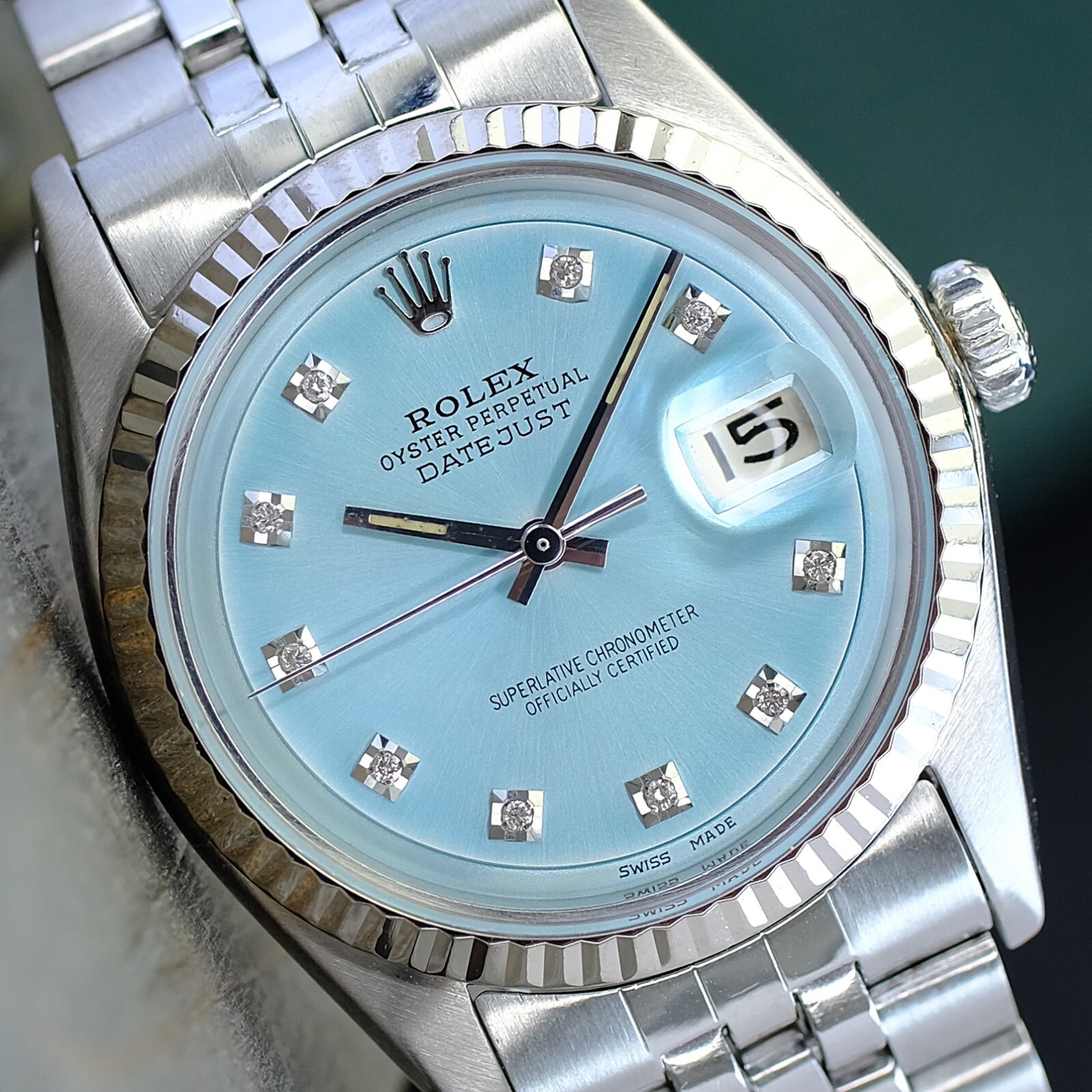 MENS ROLEX DATEJUST WATCH STEEL BLUE DIAMOND DIAL FLUTED BEZEL 36MM AUTOMATIC