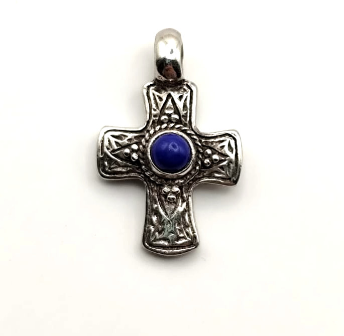 Silver Cross Pendant with Lapis Lazuli Stone for Necklace
