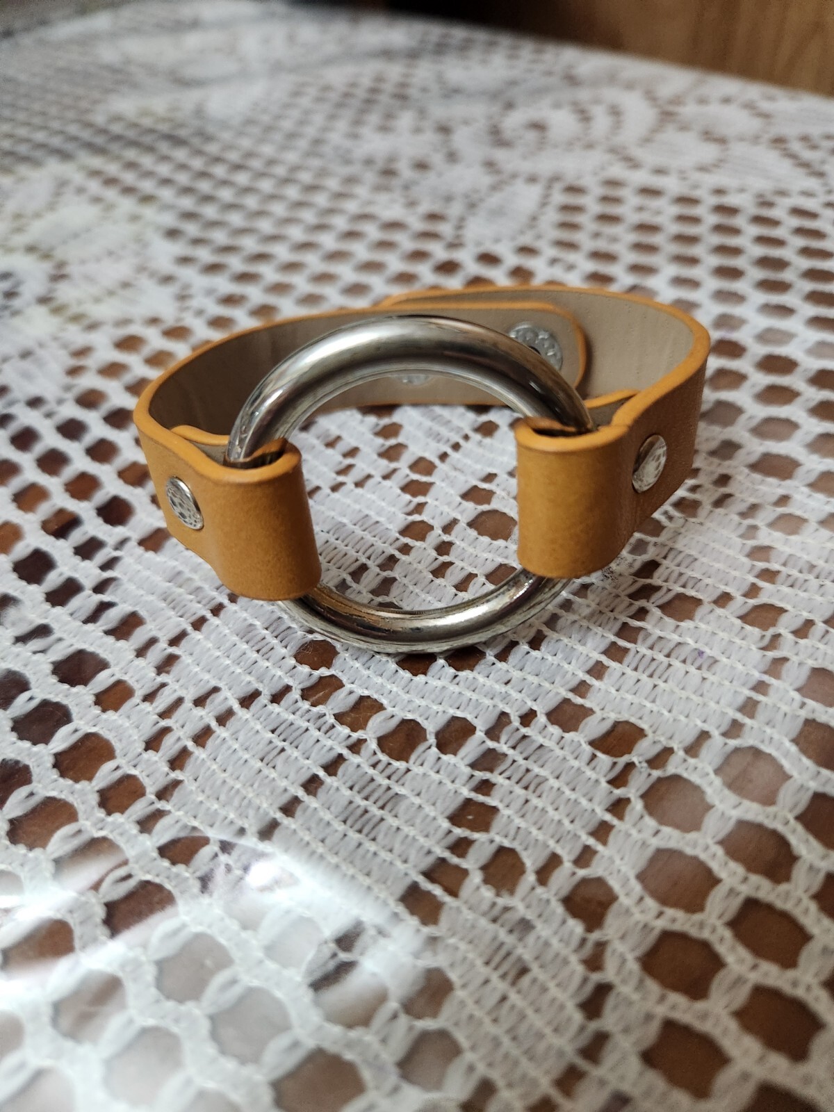 Vintage O-Ring Faux Yellow Leather Cuff Bracelet. Snaps