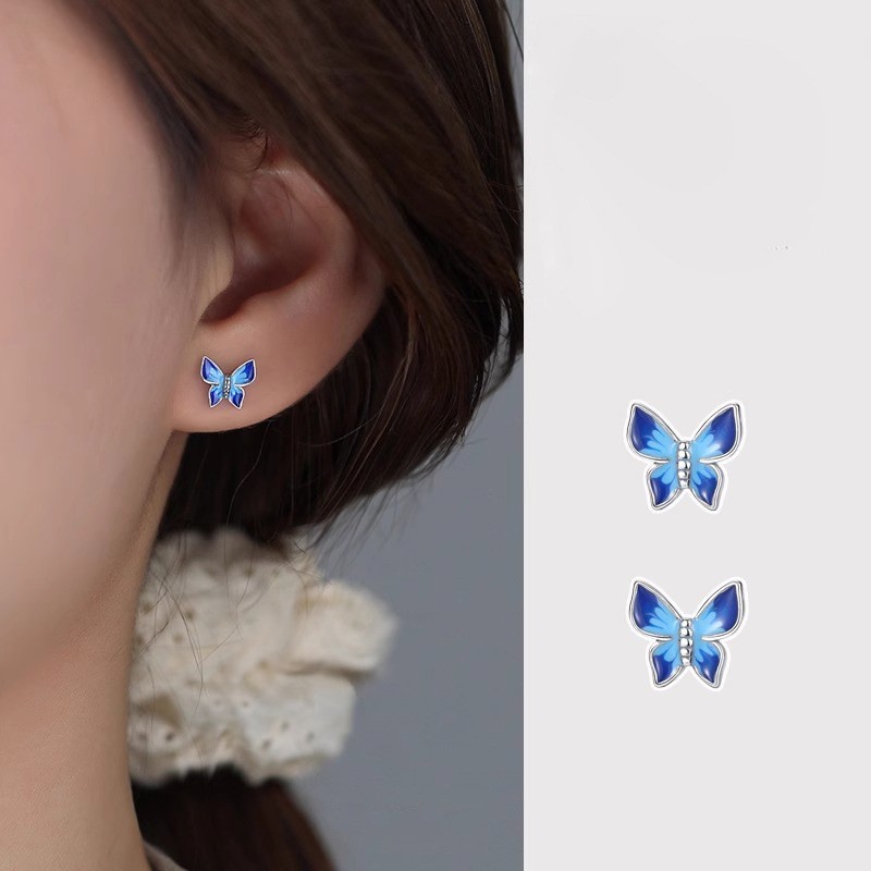 Women 925 Sterling Silver Blue Enamel Butterfly Stud Post Earrings Gift F29
