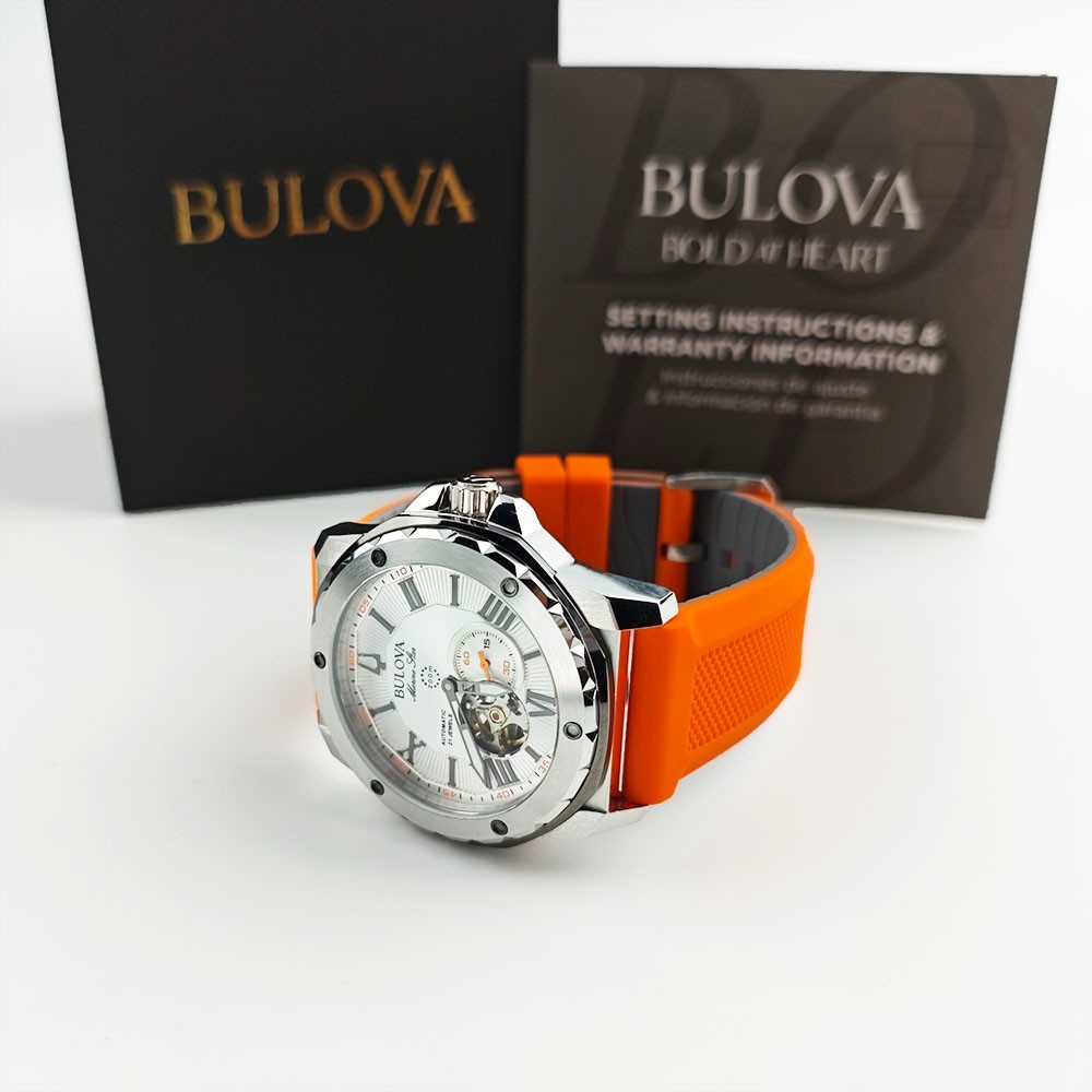 Bulova 98A226 Marine Star Silver Dial Orange Silicon Starp Men’s 45MM Watch NEW