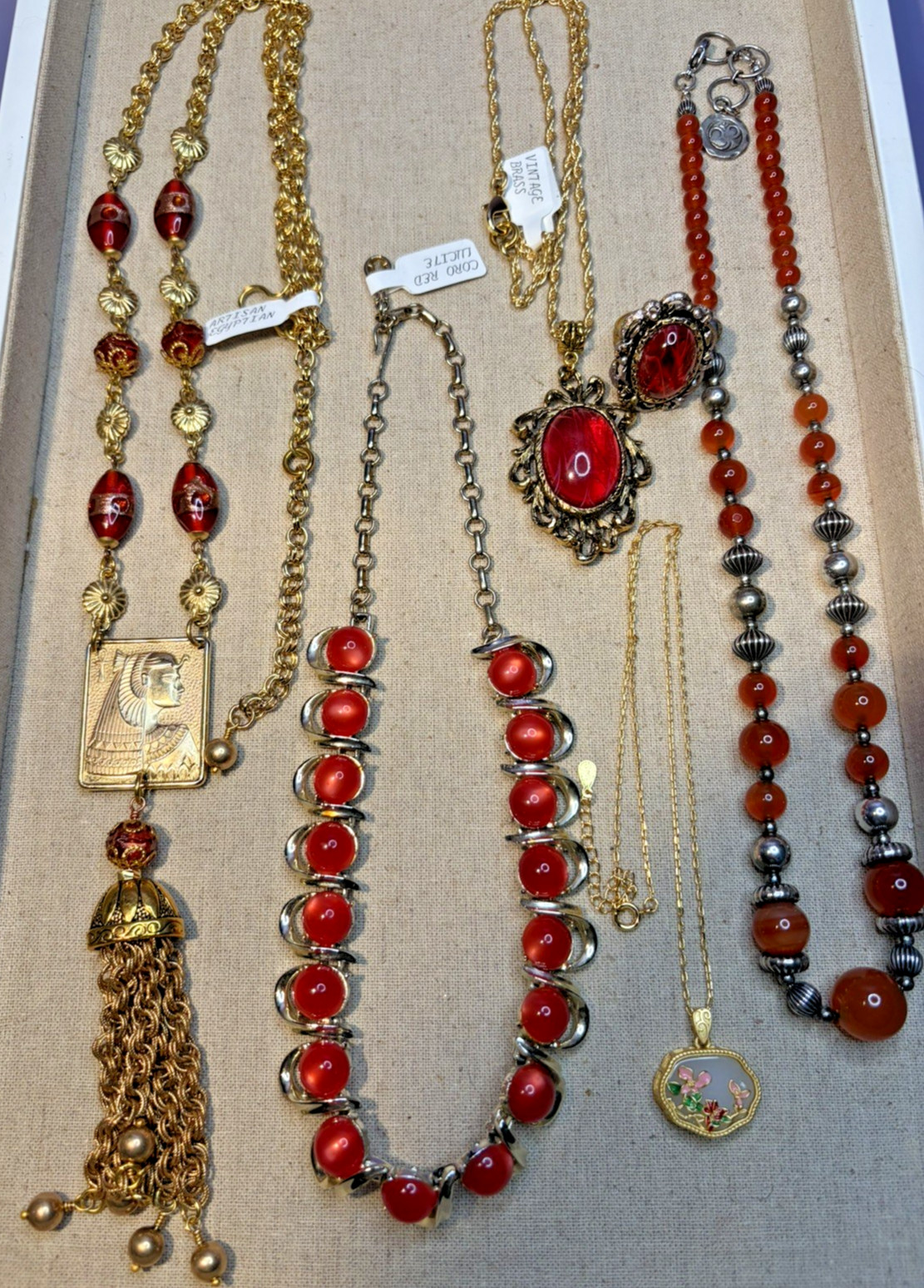 Vintage Red Jewelry Mix 10 Necklaces 1 Ring Goldtone and Silvertone