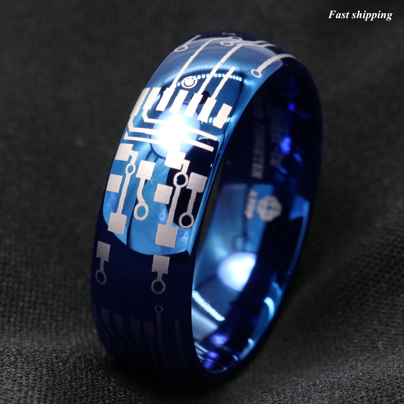 8mm Shiny Blue Dome Tungsten Carbide Ring Laser Circuit Board ATOP Men’s Jewelry