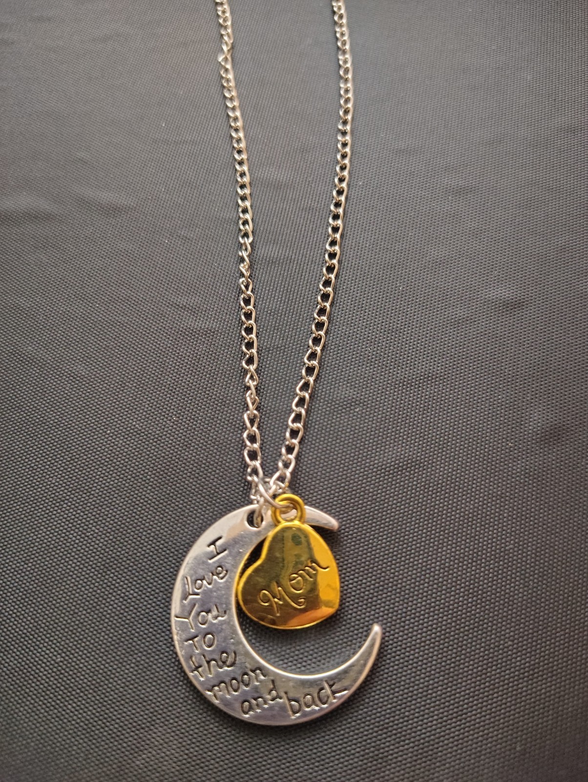 Engraved Moon & Heart Charm Pendant Necklace Metal Cable Chain 12in No Stone