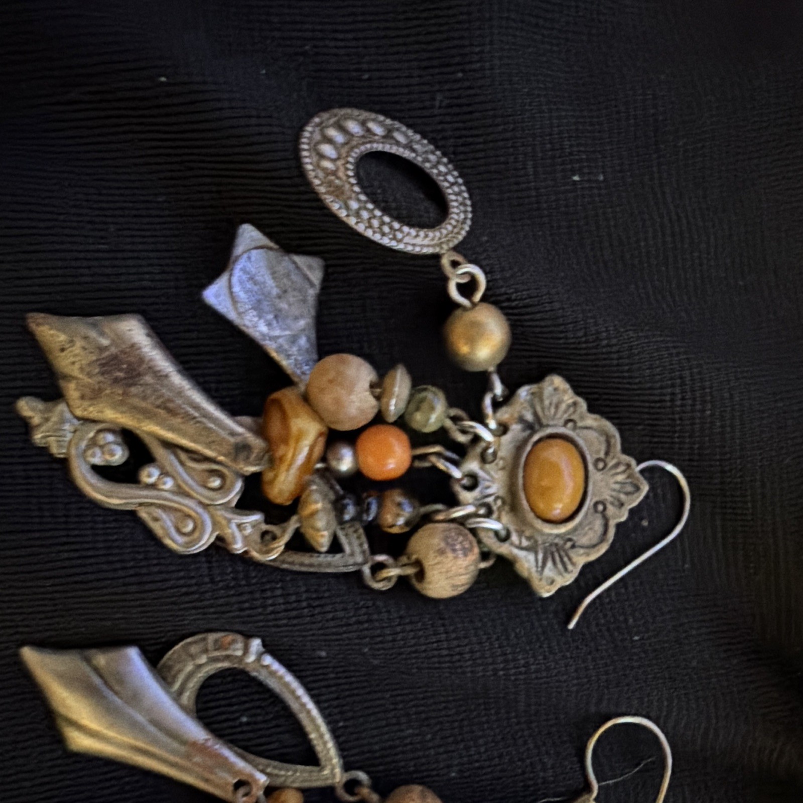 Silver Tone Bohemian Charm Dangle Drop Hook Earrings with Brown Orange Beads