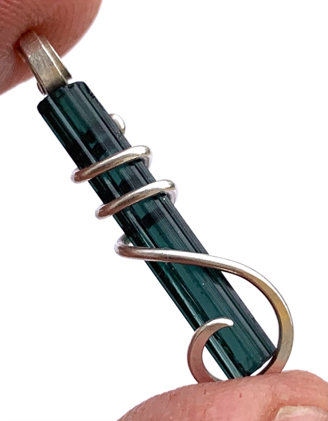 Blue Tourmaline Crystal Pendant, Hand Forged Sterling Silver Wire Wrap 6.70