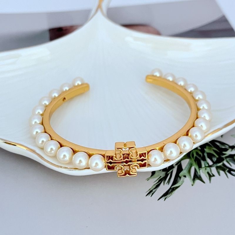 New Tory Logo Pearl Cuff Bangle Ivory OS with Jewelry Pouch
