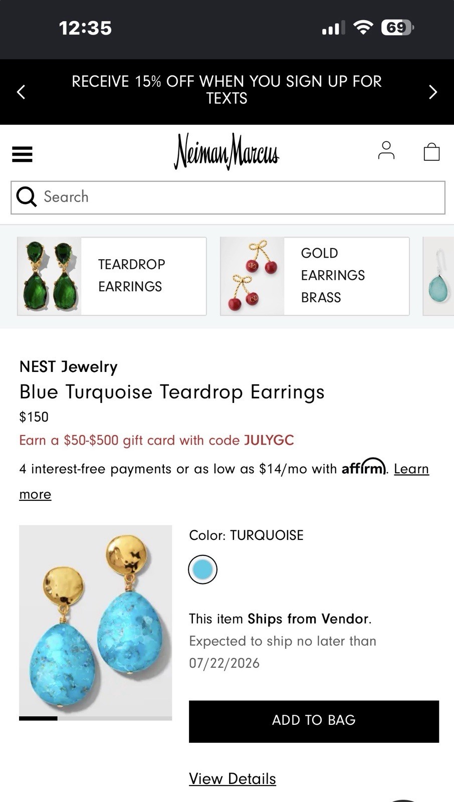 NEST Jewelry Turquoise Teardrop Dangle Earrings Brass Gold Tone 2in Signed