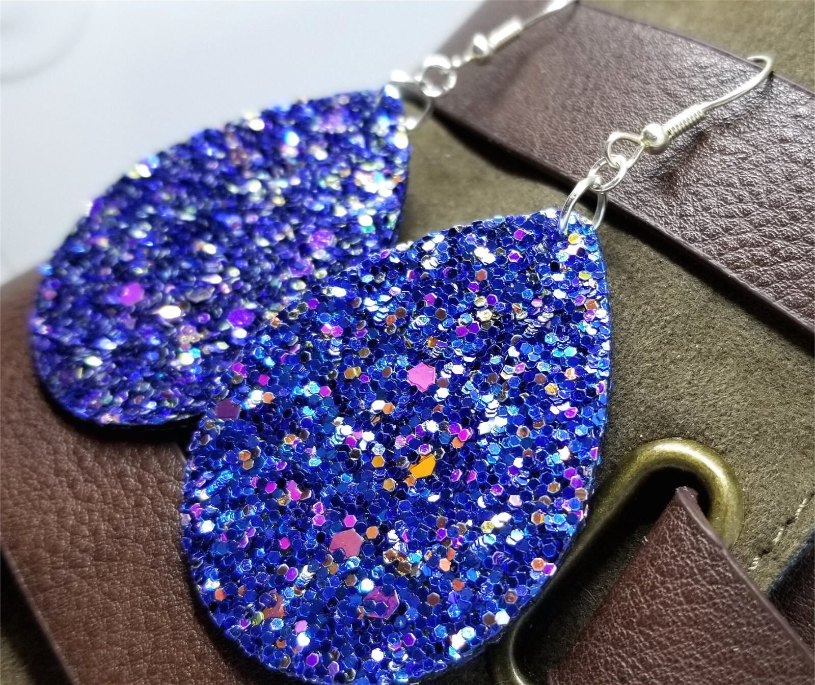 Blue Glitter Double Sided FAUX Leather Earrings with Color Shifting Glitter