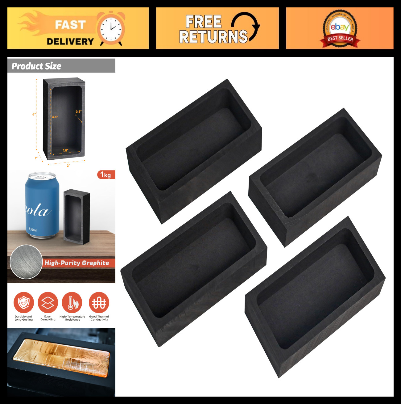 1kg Graphite Ingot Molds – 4-Piece Metal Casting Tools for Gold, Silver, Aluminu