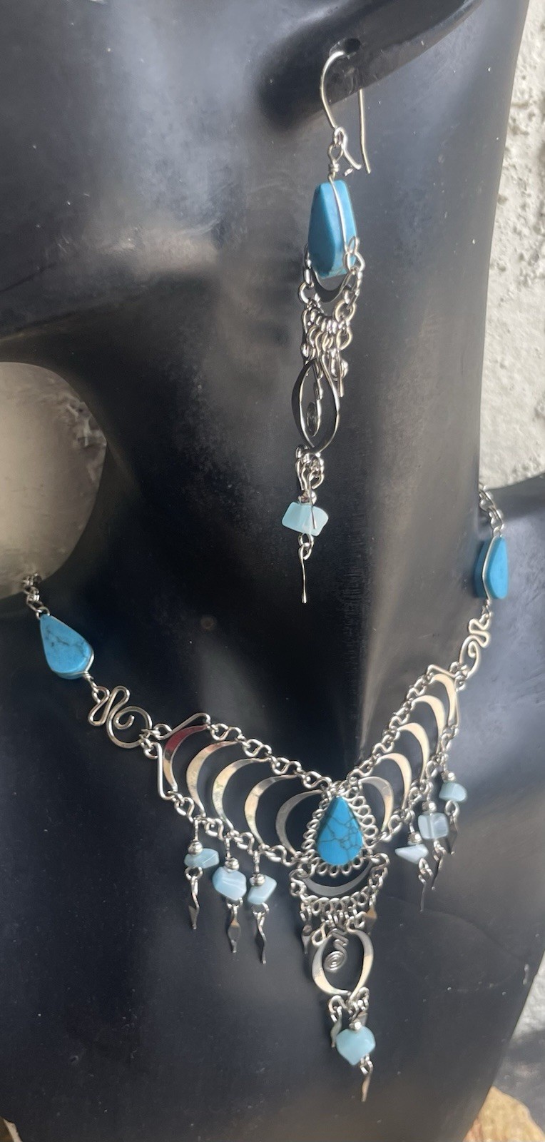Peruvian Blue Turquoise Semi-Precious Stone Necklace Long Earrings Set Boho Peru