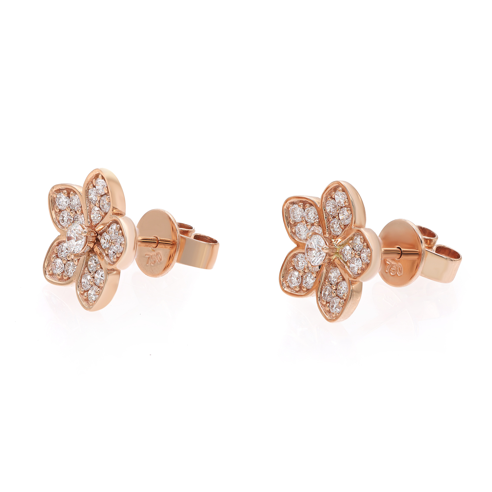 Pave Set Round Cut Diamond Flower Stud Earrings 18K Rose Gold 0.52Cttw