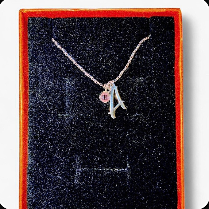Letter ‘A’ Pendant Necklace Silver w/ Pink Crystal and 18” Chain