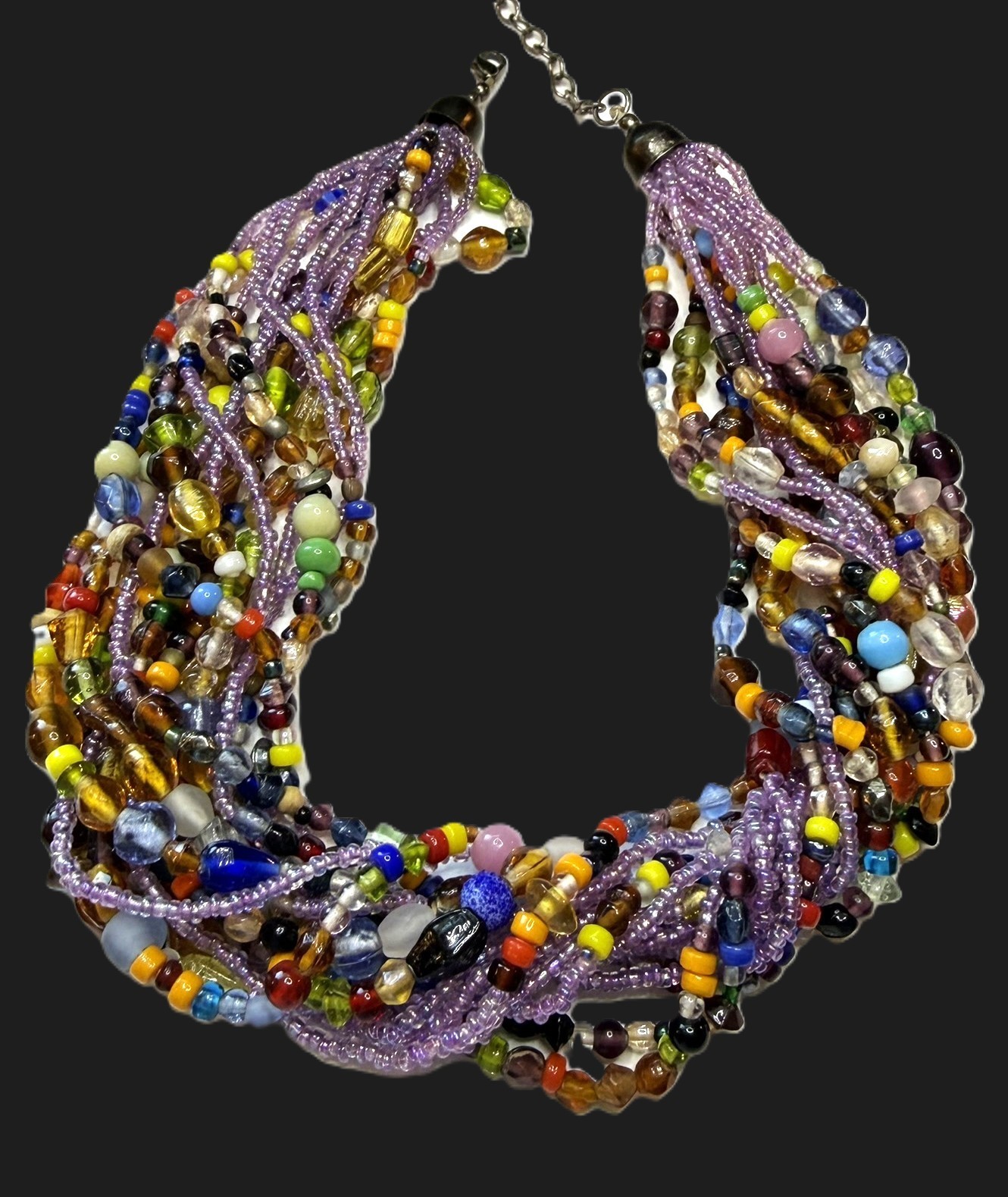 Multi Strand Bead Necklace Colorful Assorted Glass Beads Boho Chunky 18″