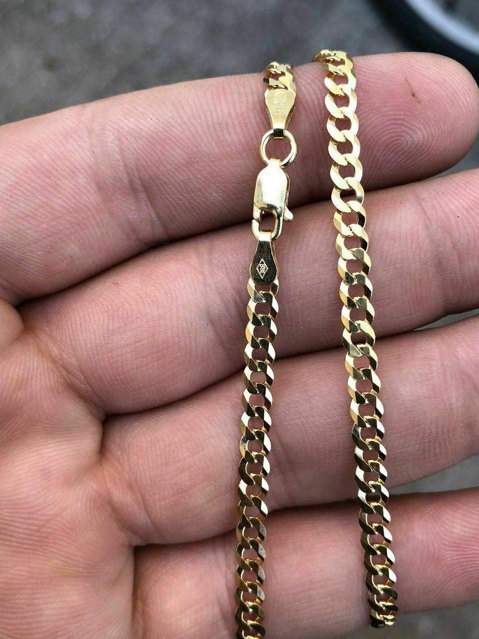 Flat Miami Cuban Link Chain 14K Gold Plated Solid 925 Sterling Silver 4mm ITALY