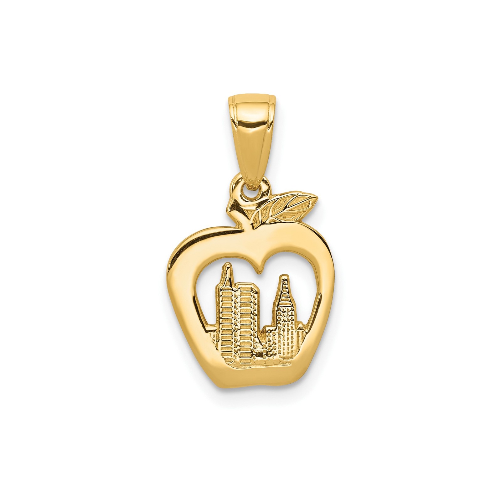 14k Yellow Gold NYC Skyline Cutout Apple Pendant Urban New York Charm Jewelry