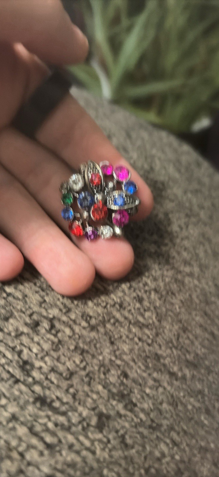 Vintage Multicolored Crystal Clustered Silver-Tone Adjustable Sizes 6.5-8.5 Ring