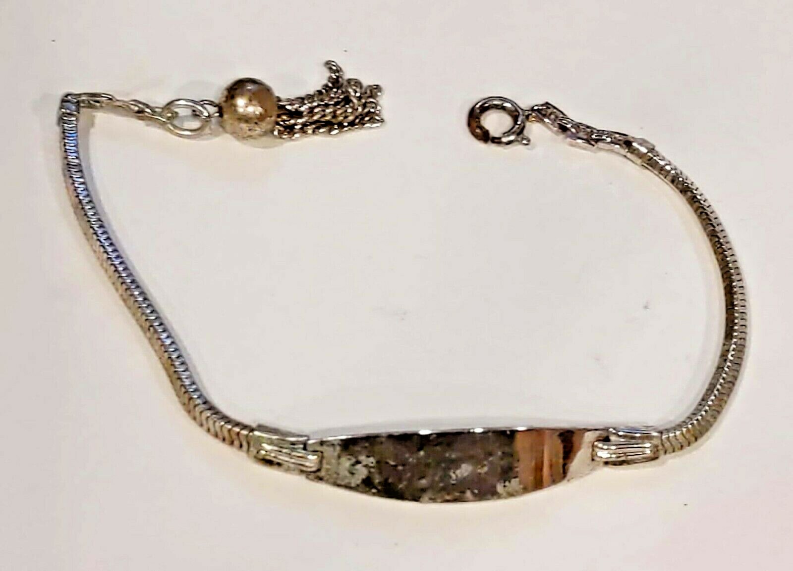 Antique Retro Silver ID Identification Plaque Bracelet with Charm Dangle #SEAD