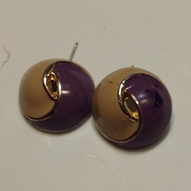 Purple & Gold Tone Round Stud Earrings, Butterfly Closure, No Stone