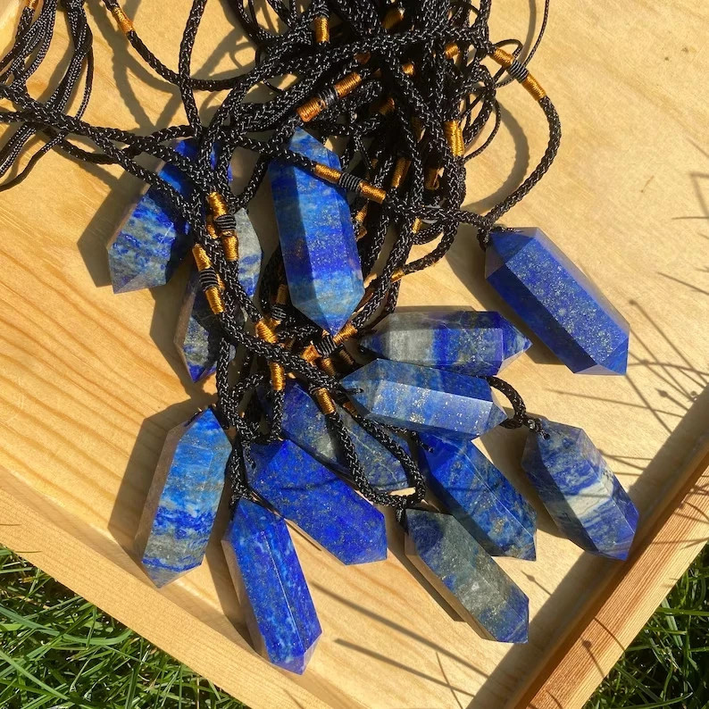 Deep Blue Lapis Lazuli Hexagonal Point Pendant Real Gemstone Protection Jewelry