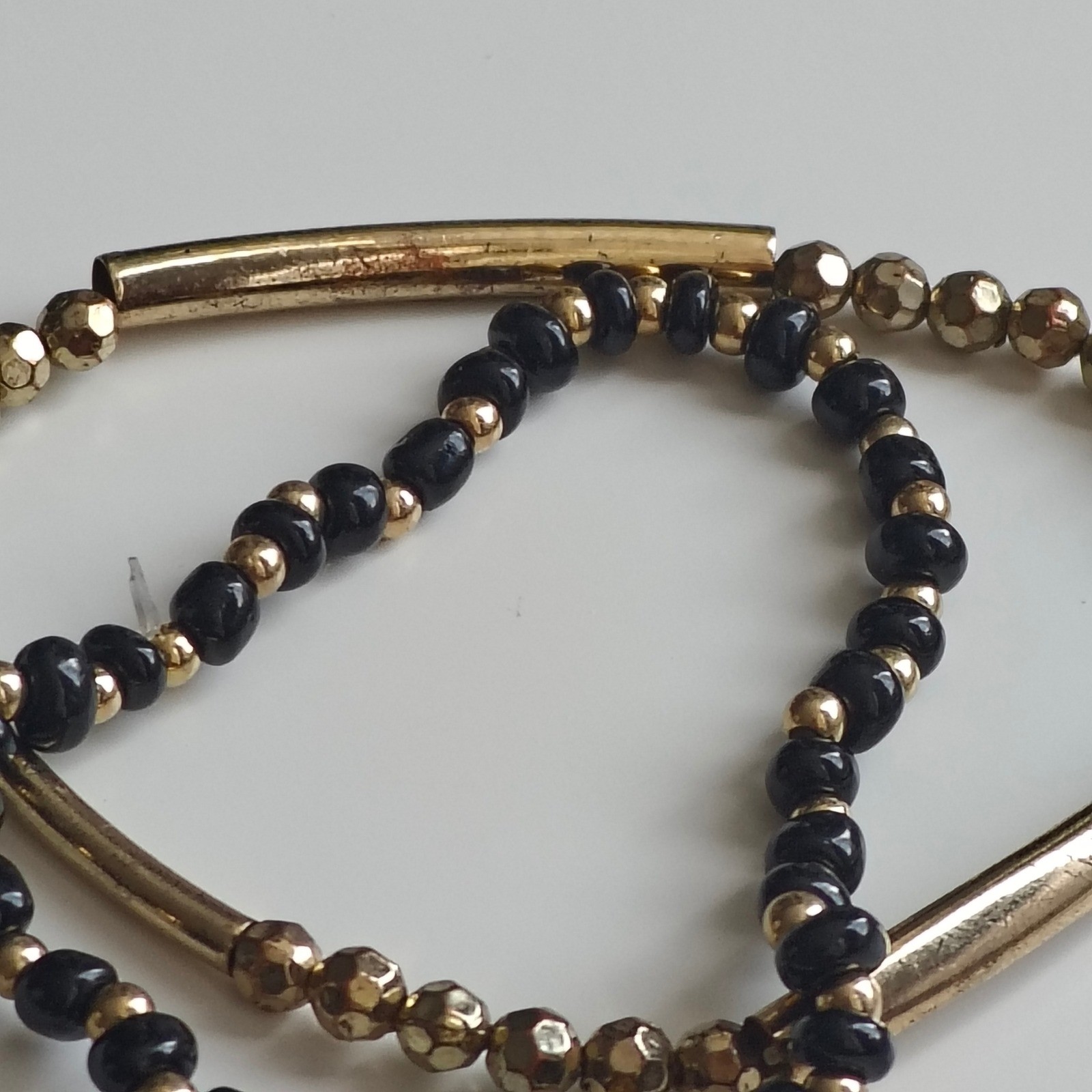 Black and Gold Beaded Stretch Bracelet Set Double Strand Bar Accents Womens