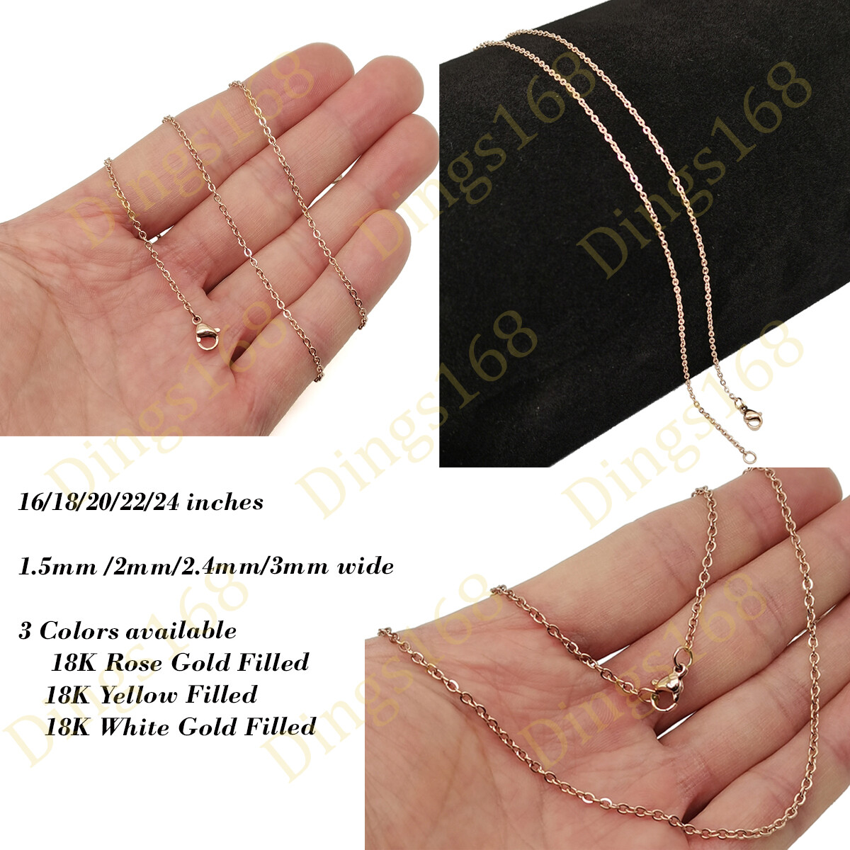 Real 18K Rose Gold Filled Hypo-Allergenic 16″/18″-24″ Cable Chain Necklace B146R