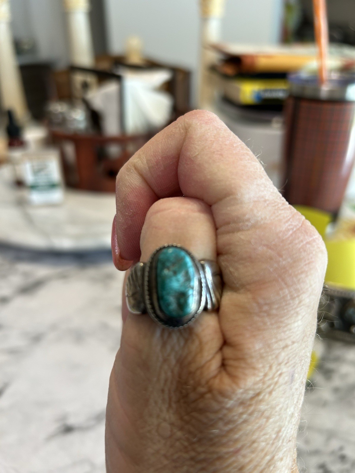 Sterling silver Oval Blue Turquoise Bezel Set Size 10 mens