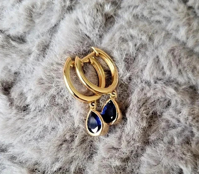 Lab Created Blue Sapphire 1Ct Pear Cut Dangle Earrings 14K Yellow Gold Plated