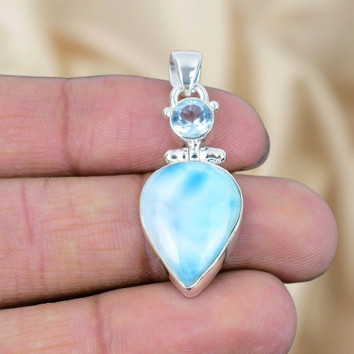 Natural Larimar Gemstone Silver Pendant 925 Sterling Silver Jewelry Pendant