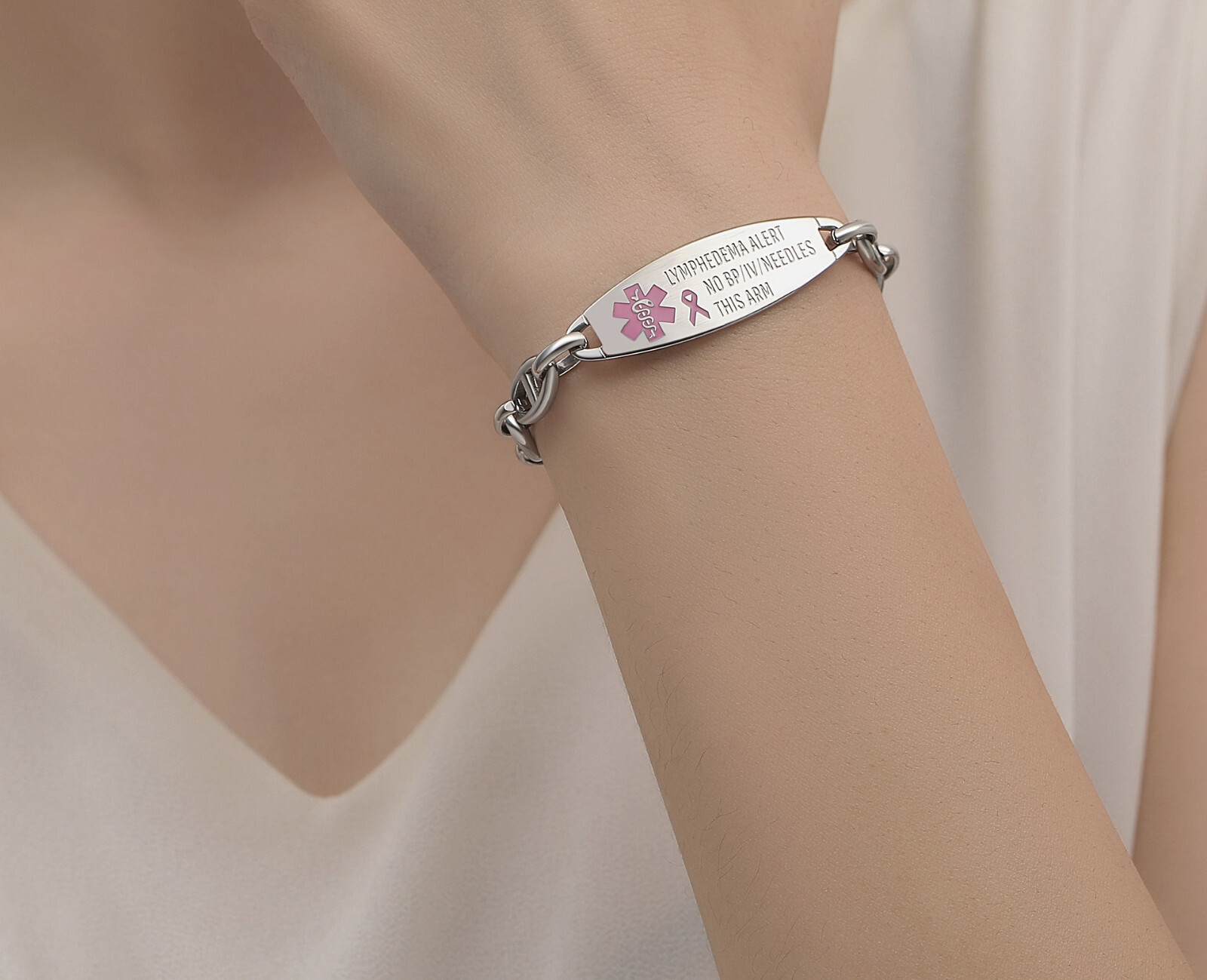 CUSTOM ENGRAVE Lymphedema Pink Ribbon Alert No BP/IV Needles Oval Link Bracelet
