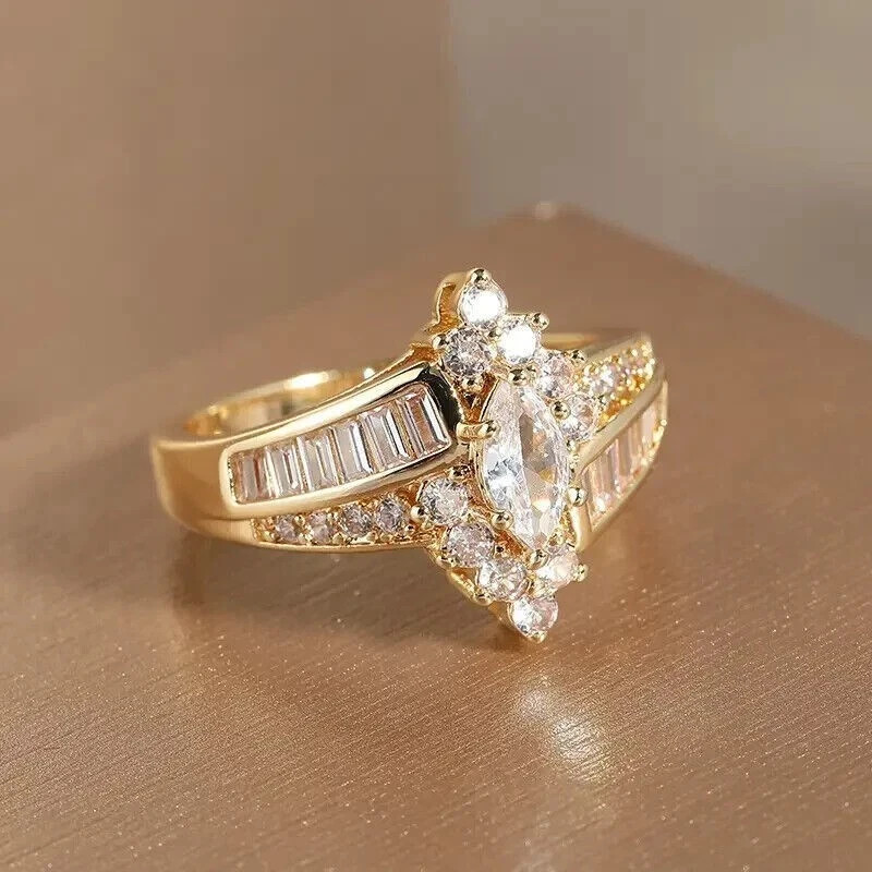 2 Ct Marquise Cut Simulated Diamond Engagement Halo Ring 14k Yellow Gold Plated