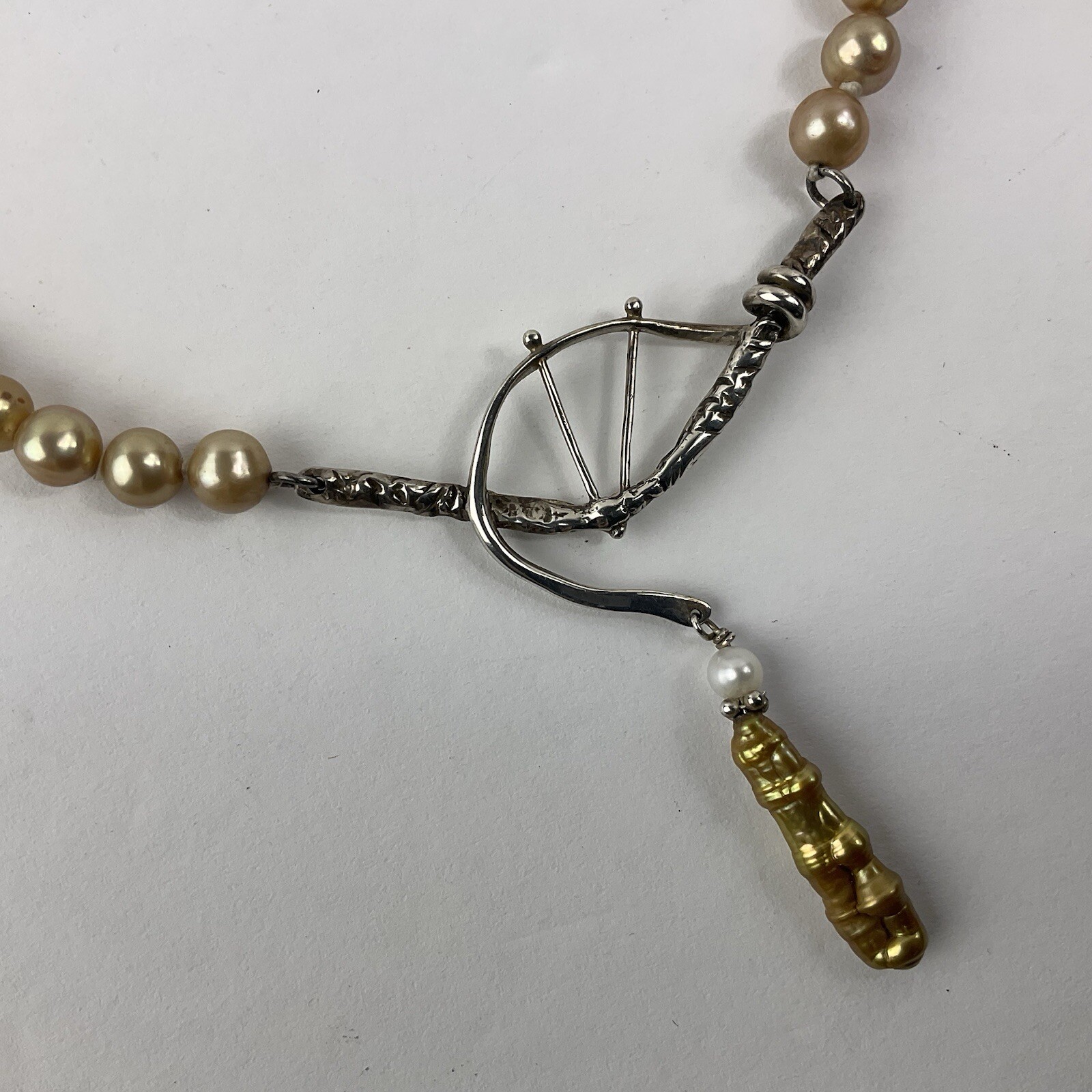 Artisan Sterling Silver Baroque Dangle Pendant Necklace Golden Pearl Near Round