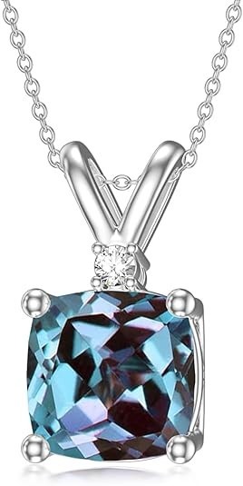 Cushio Cut LabCreated Alexandrite Women Pendant 14KWhite Gold Plated with Chain