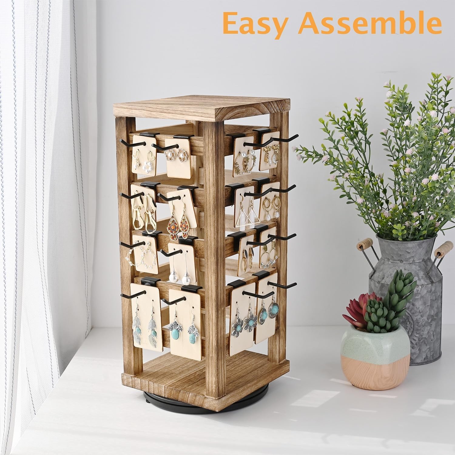 Wood Rotating Jewelry Display Removable 42 Hooks Earring Organizer Stand Oak