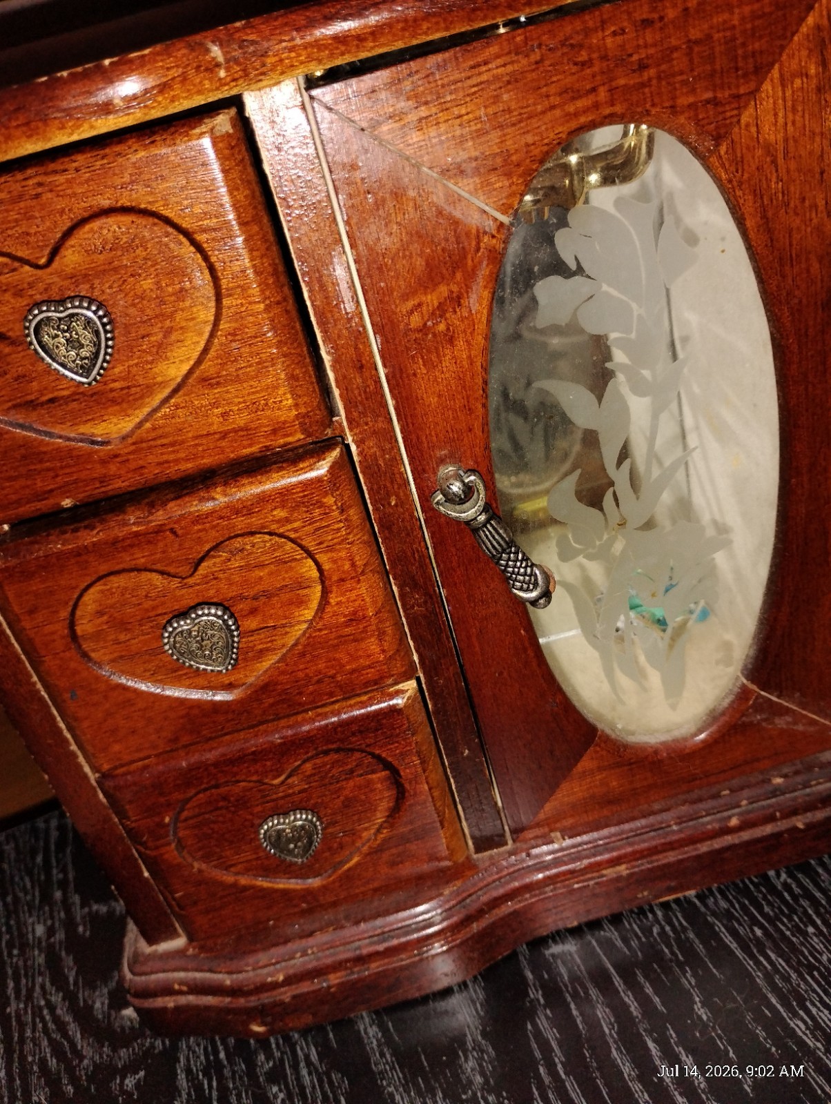 Brown Wood Jewelry Box w/ Drawers, Heart Pulls & Mirrored Door, Holds 25+