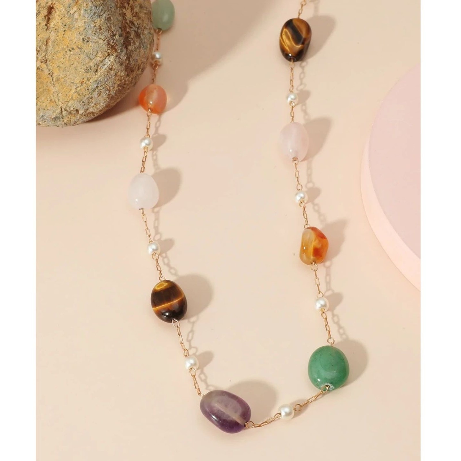 Natural Multi Gemstone Beaded Station Necklace Colorful Crystal Adjustable Gold