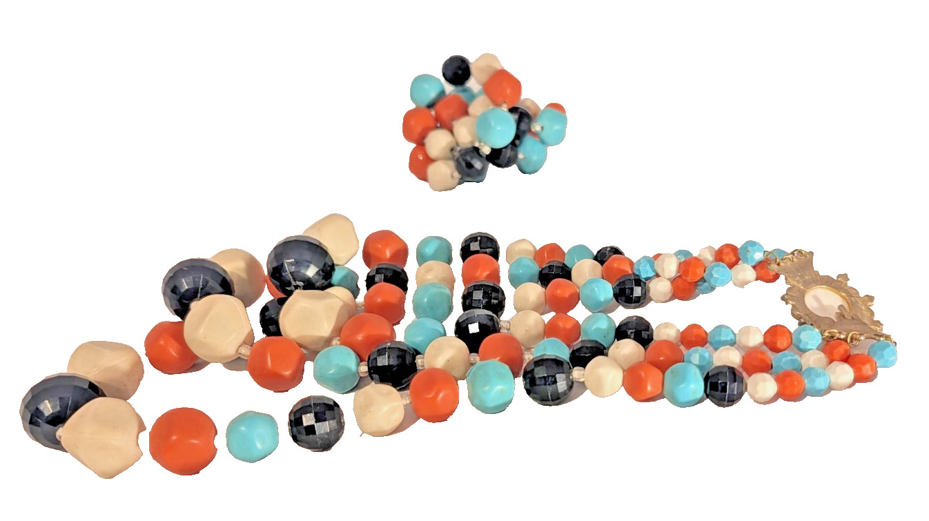Vintage Multi-Color MCM 3 Strand Beaded Necklace & Single Strand Wrap Bracelet