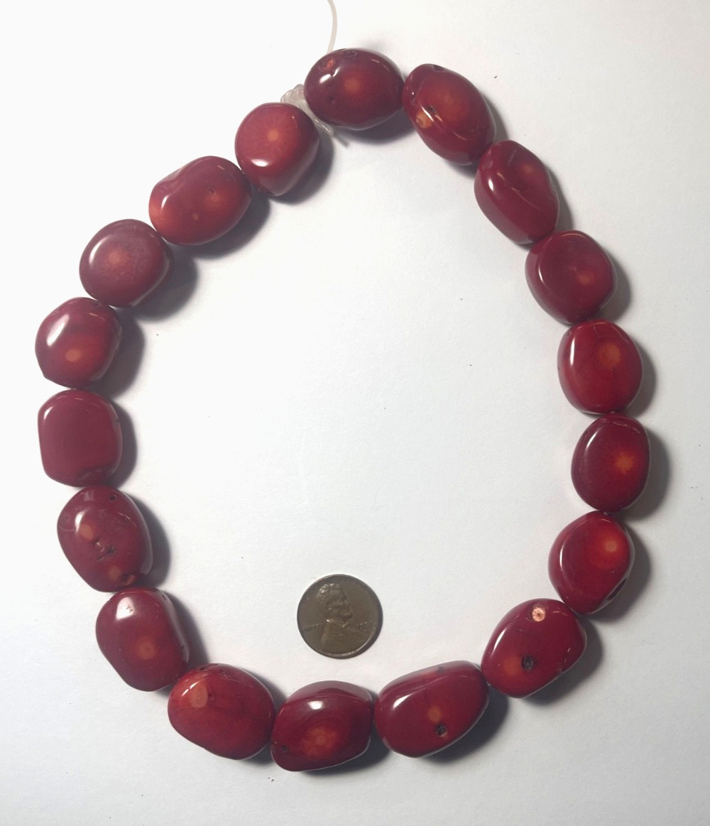 VINTAGE LARGE RED BAMBOO CORAL 143.7 GRAMS BEAD STRAND 16″ 25X18 MM WHOLESALE!!!
