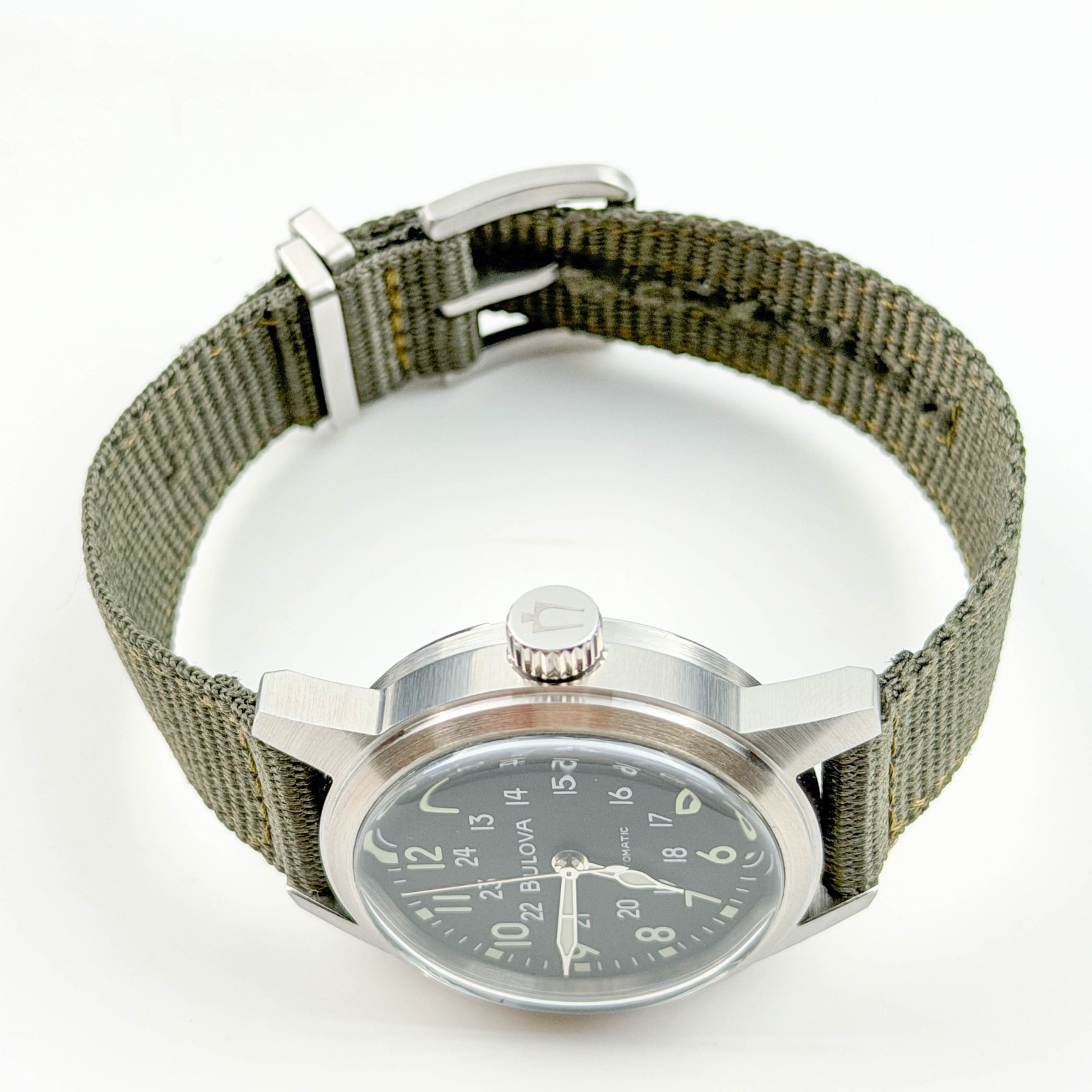 Bulova Special Edition 96A259 Hack Black Dial Green Fabric Strap Men’s Watch