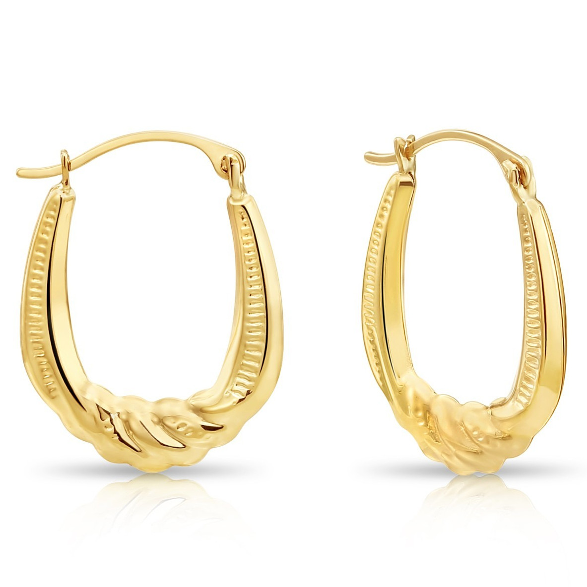 10K Real Solid Yellow Gold Puffy Twisted Oval Creole Midi Hoops Earrings