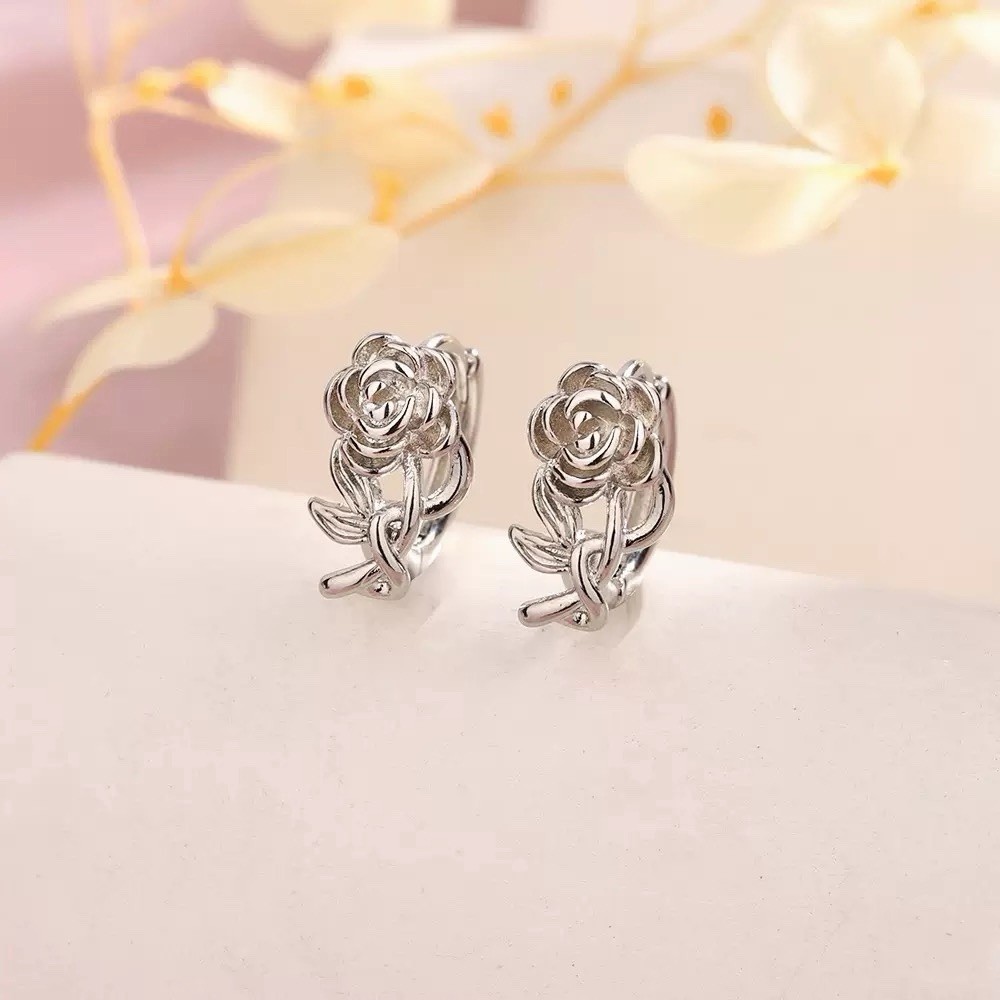 925 Silver Rose Flower Huggie Hoop Earrings Dainty 8mm Small Floral Hoops B71