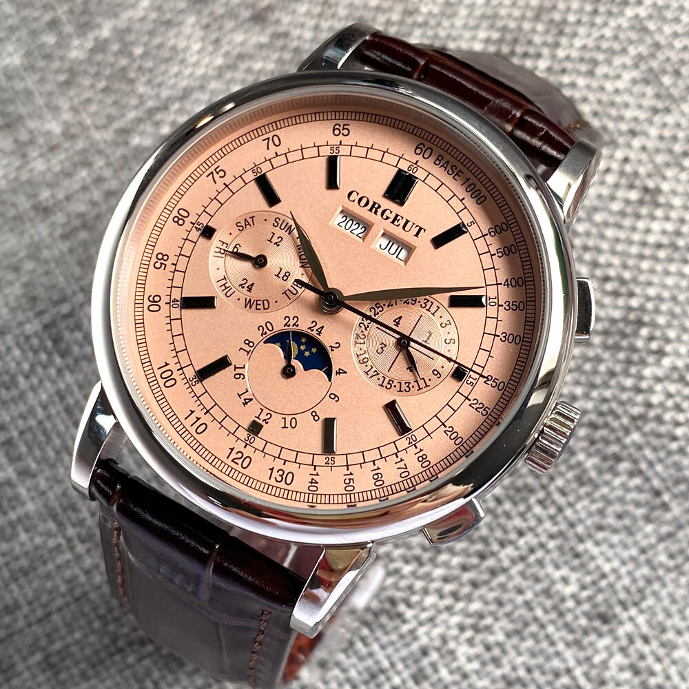 Corgeut Men Watch Rose Gold ST1655 Movement Automatic Month Week Year Moon Phase