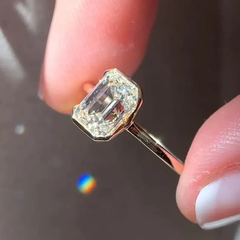 2Ct Emerald Cut Real Moissanite Bezel Engagement Ring 14K Yellow Gold Plated
